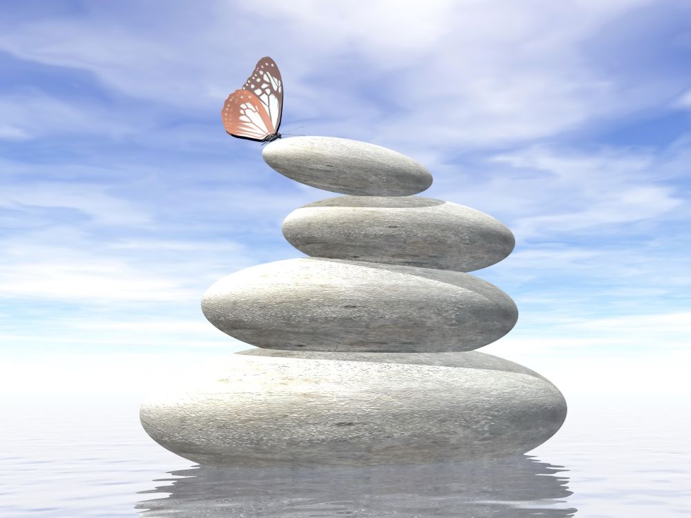 White stones in balance upon water and next to beautiful butterfly by foggy day. Balance - 3D render