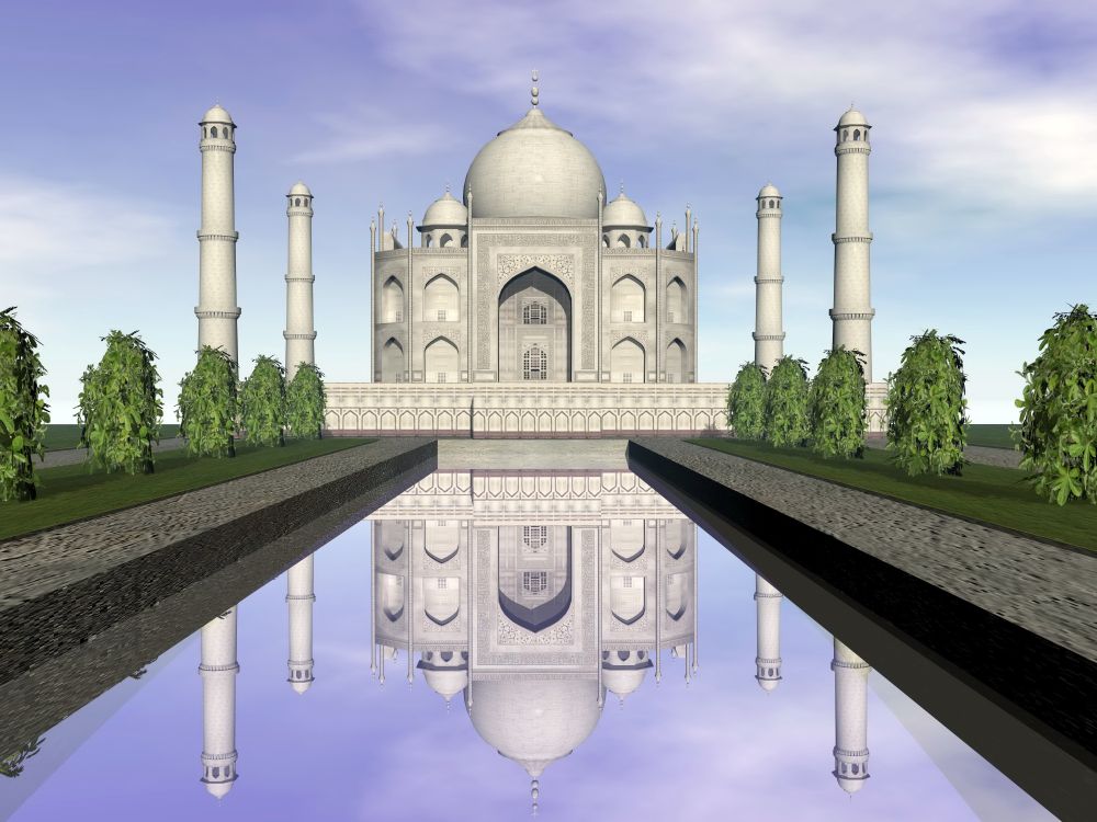 Famous Taj Mahal mausoleum and nature around by beautiful day, Agra, India. Taj Mahal mausoleum, Agra, India - 3D render