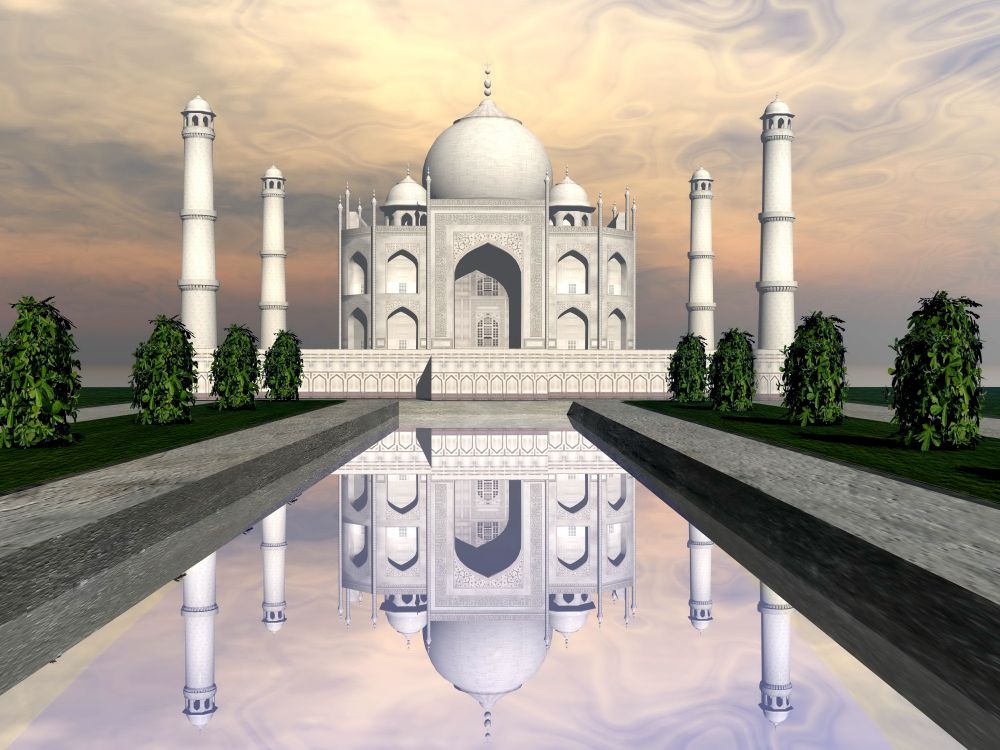 Famous Taj Mahal mausoleum and nature around by sunset, Agra, India. Taj Mahal mausoleum, Agra, India - 3D render
