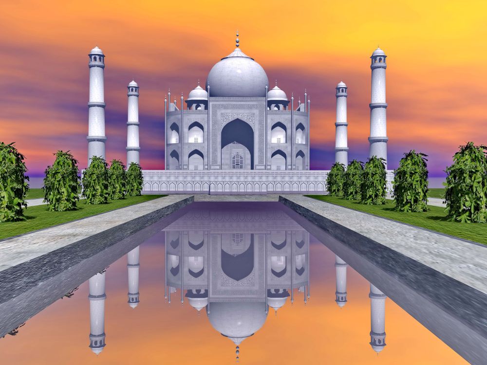 Famous Taj Mahal mausoleum and nature around by colorful sunset, Agra, India. Taj Mahal mausoleum, Agra, India - 3D render