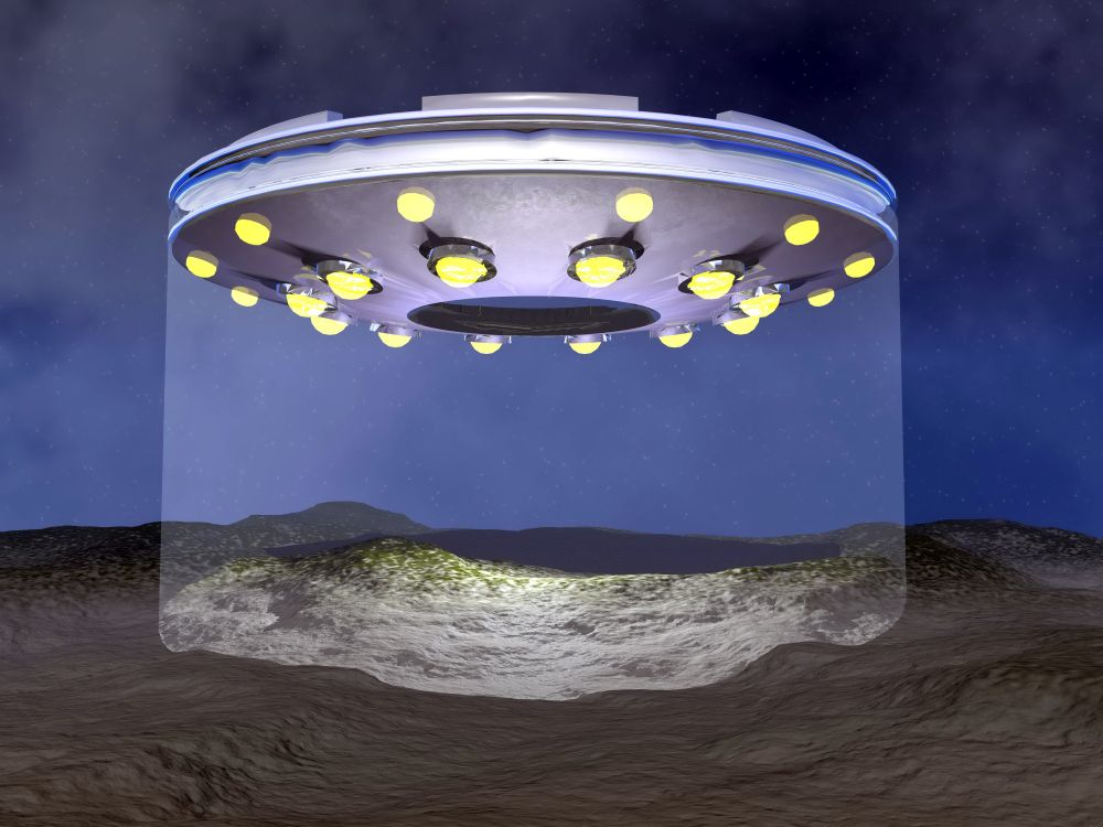 UFO landing on desertic land by night - 3D render