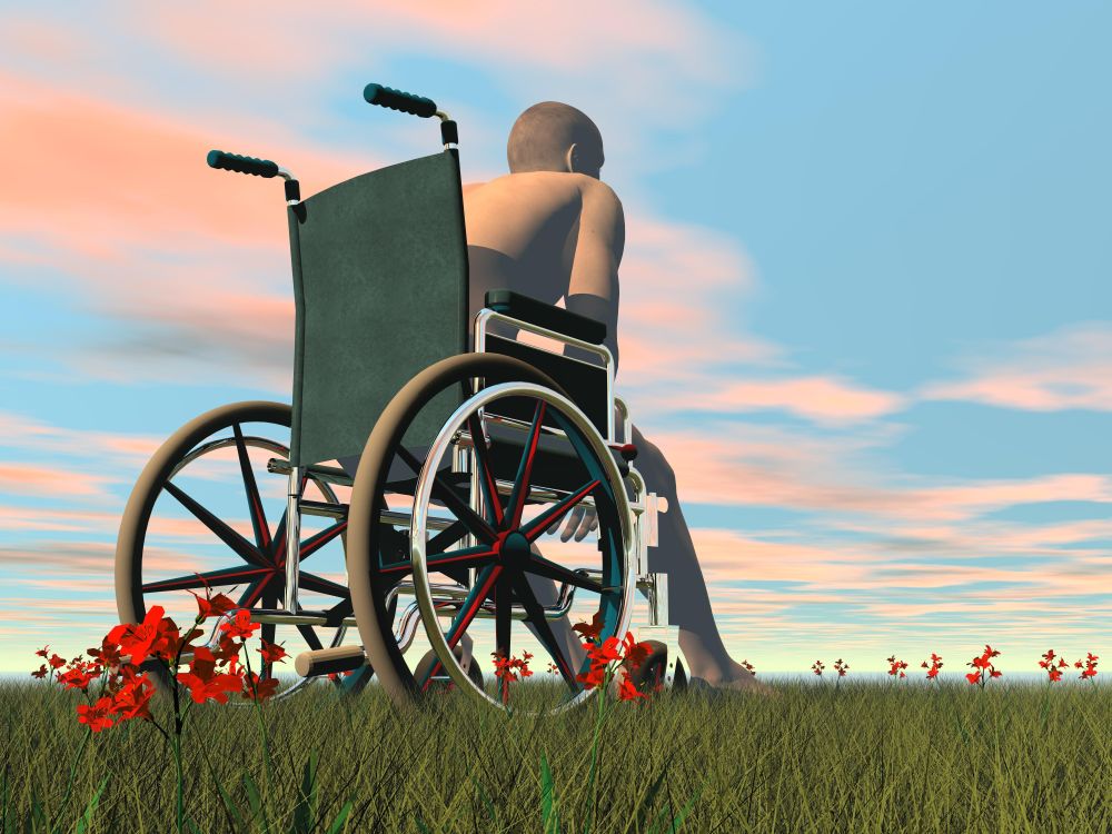 Man sitting in a wheelchair outdoor and thinking while looking forward by sunset. Disabled man looking forward - 3D render