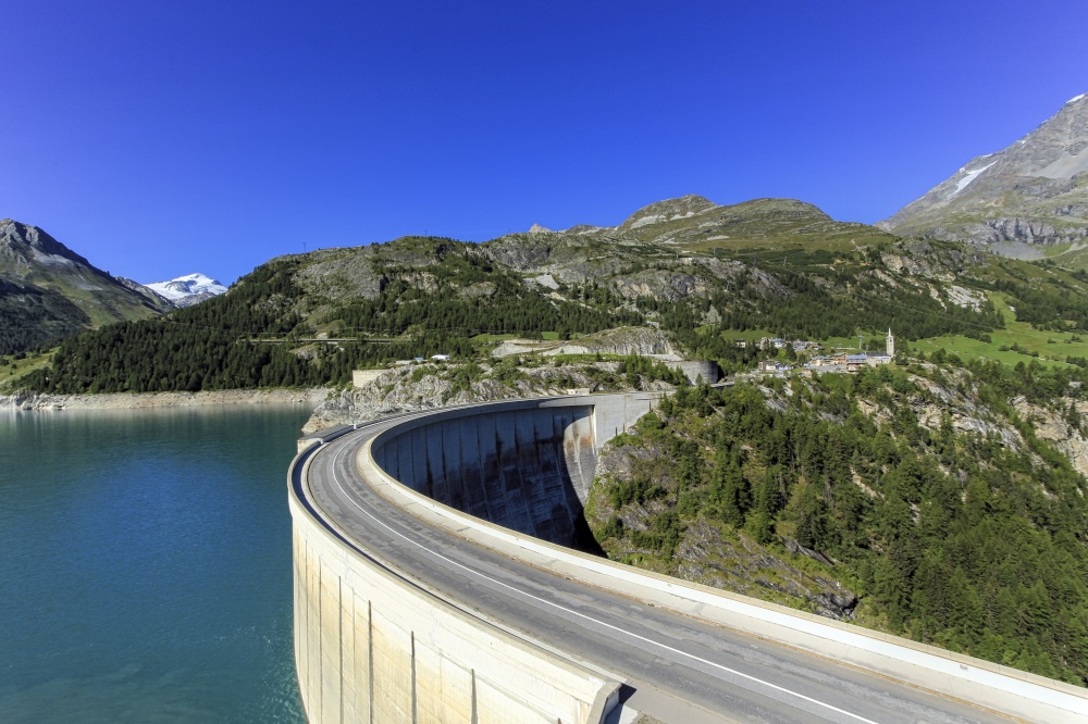 Hydro-electric Tignes dam by summer, Isere valley, Savoie, France