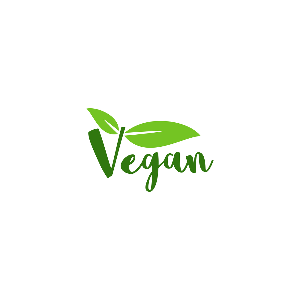 Vegan lettering with leaf. Vegetarian stamp sticker print