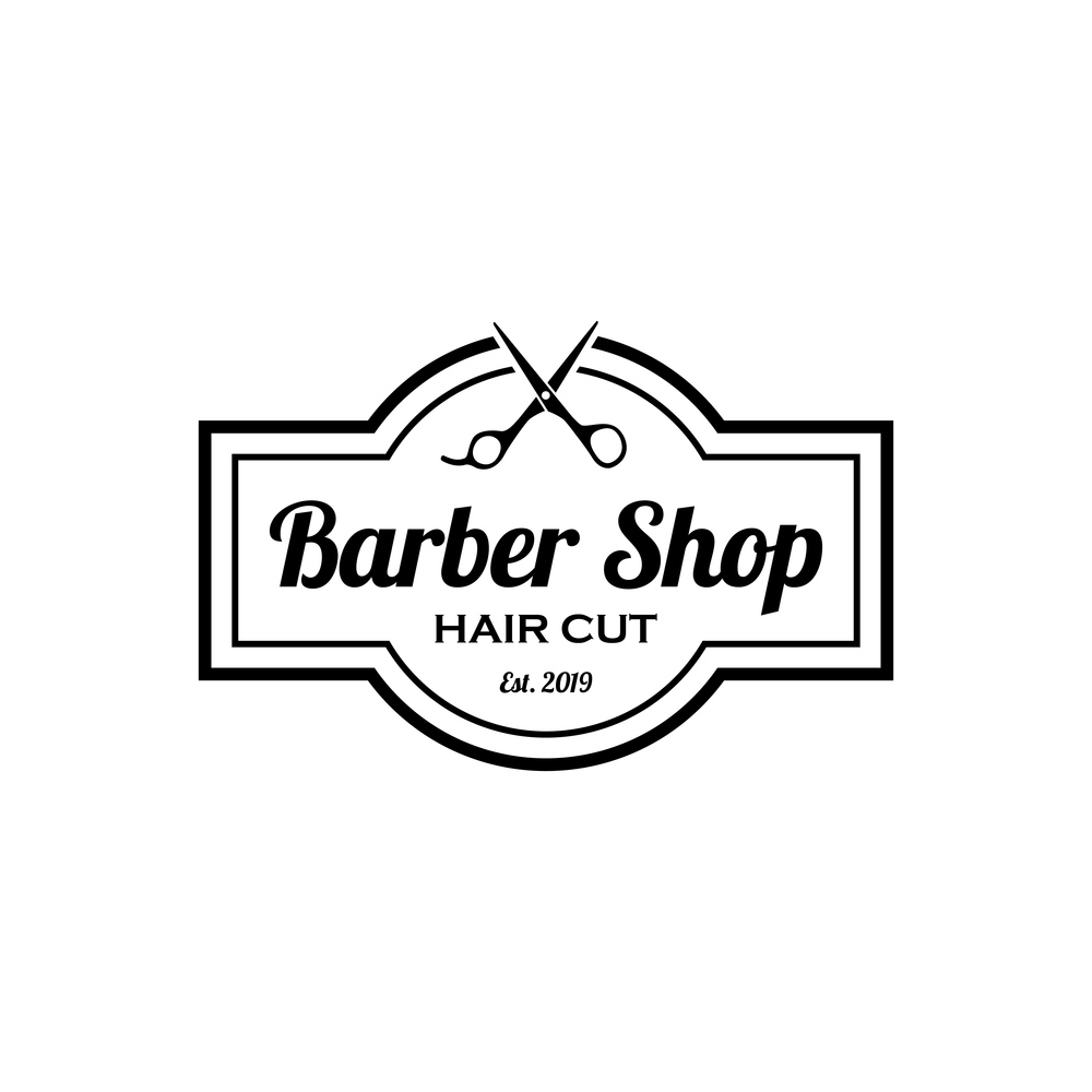 Barber logo design. Barbershop emblem. Hair cutting service. Beard shave service. Manly Salon logo template.