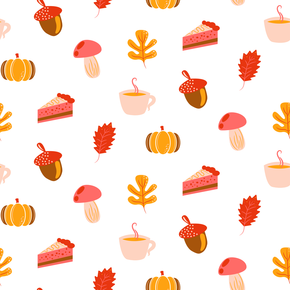 Autumn harvest objects pumpkin, acorn, pie, mushroom and leaves. Fall seamless vector pattern in pink and orange colors.. Autumn harvest objects pumpkin, acorn, pie, mushroom and leaves. Fall seamless pattern in pink and orange colors.