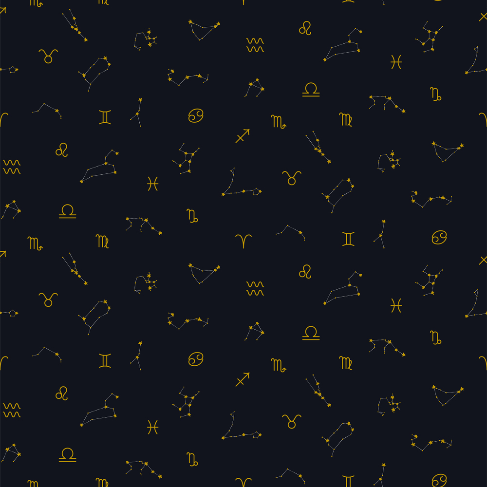 Zodiac constellations and zodiac signs seamless vector pattern. Vector set with astrology symbols.. Zodiac constellations and zodiac signs seamless vector pattern.