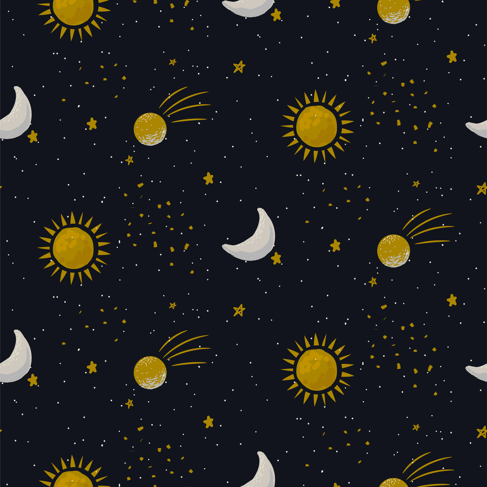 Blue galaxy seamless vector pattern background with sun, planets and star cosmic shapes. Starry night astrology repeat texture.. Blue galaxy seamless vector pattern background with sun, planets and star cosmic shapes.