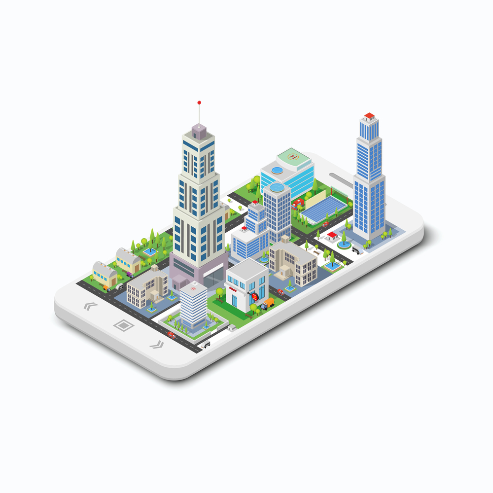 Three-dimensional building on a white phone