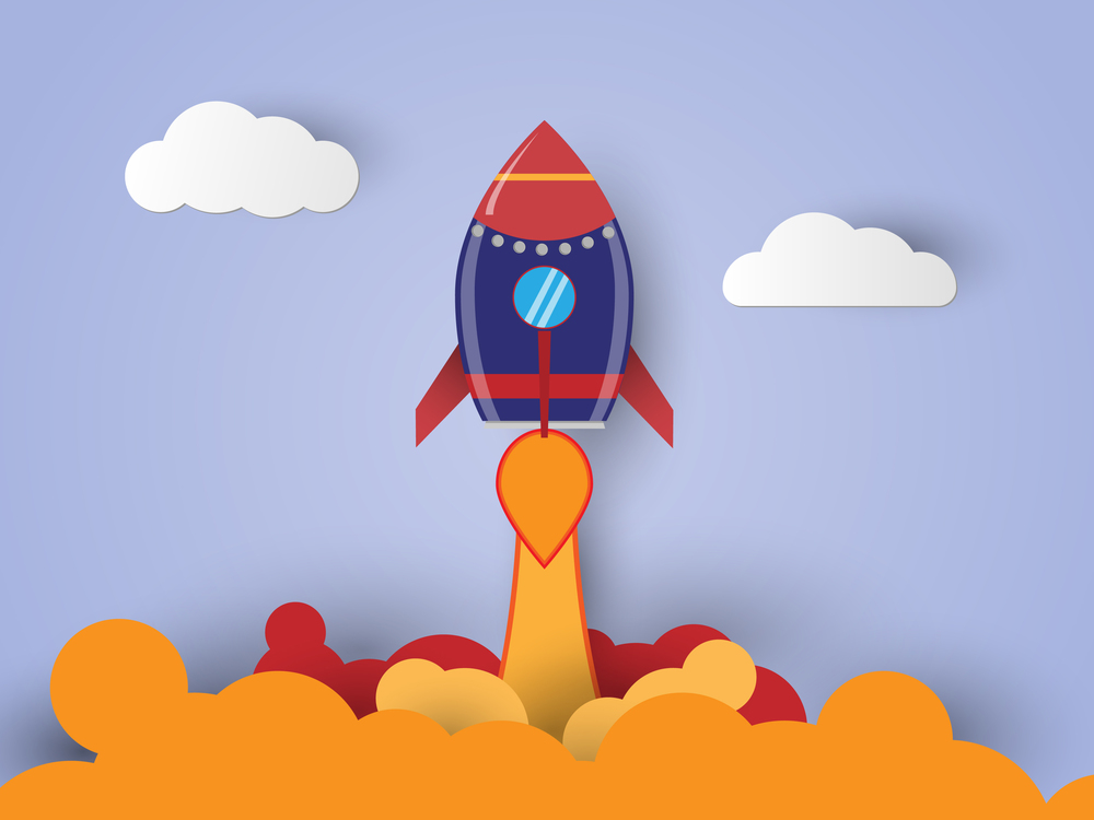 Vector Start up business concept. rocket flying on the air,paper art style.