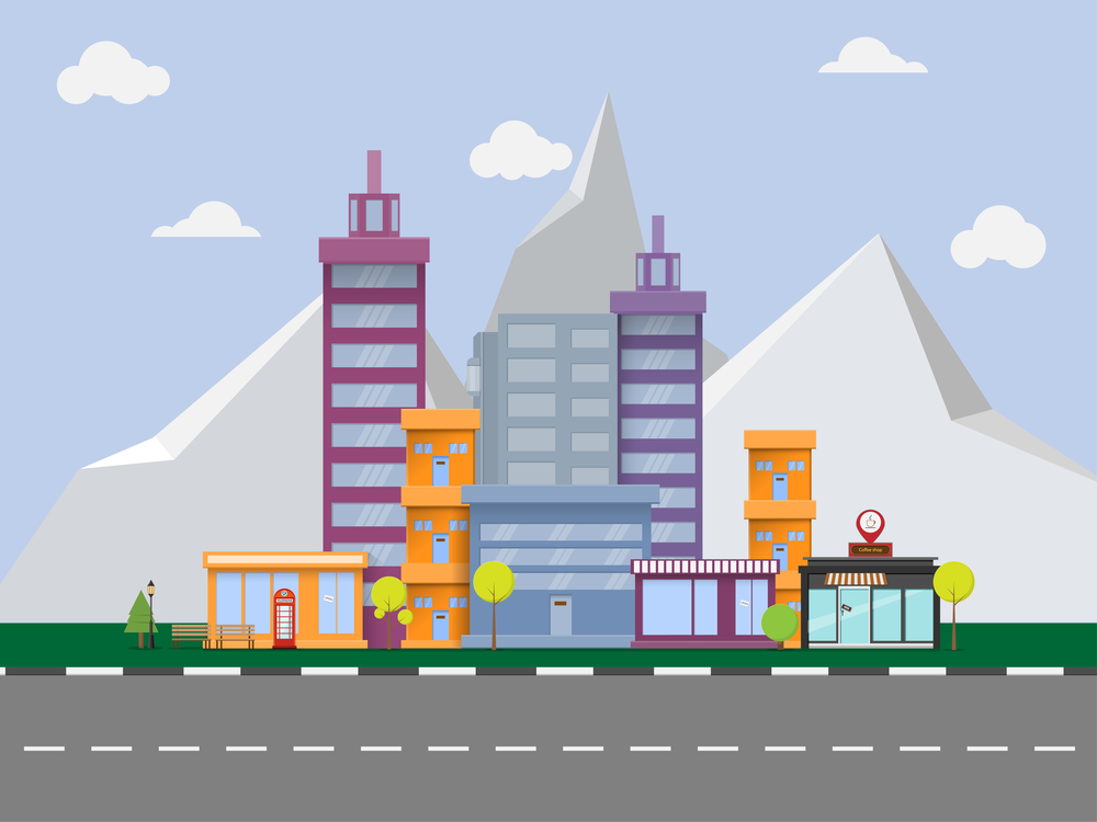 Vector urban landscape with large modern buildings