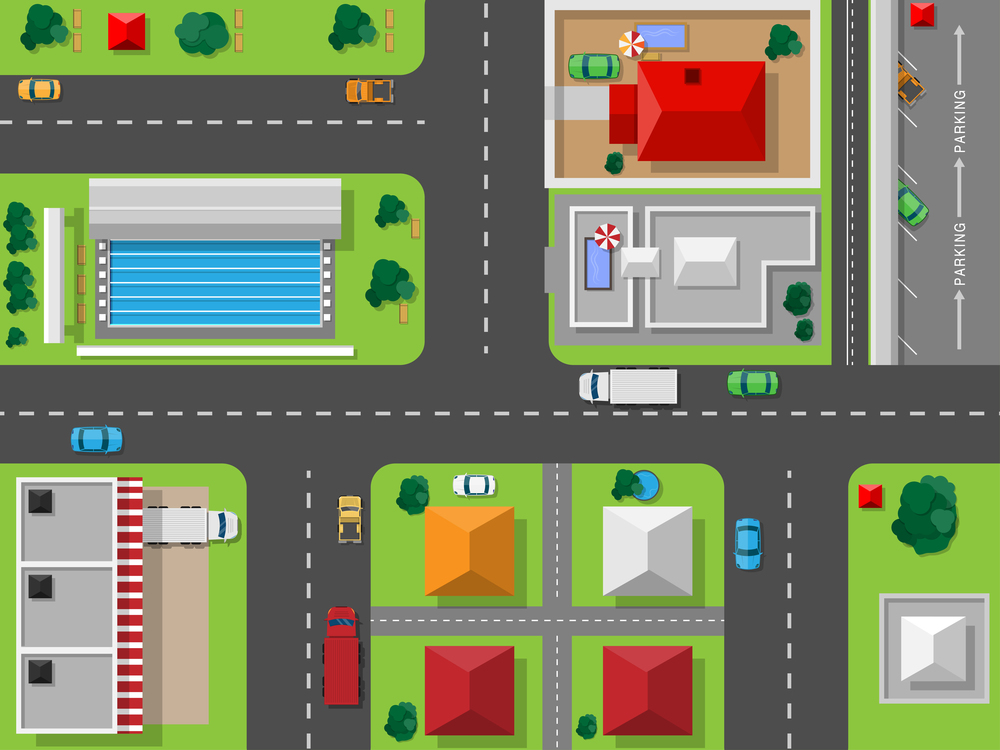 Vector Top view with highways and many different vehicles of cars traffic jam