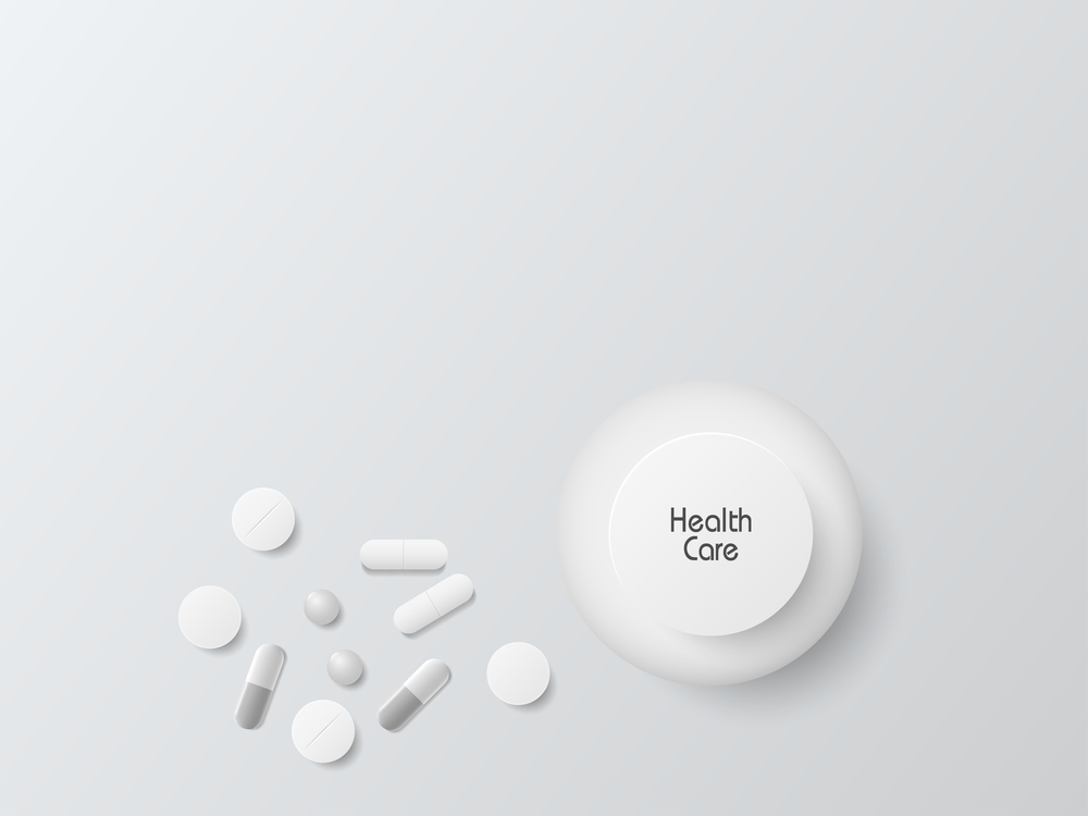 Tablets and capsules with medicine bottles on a gray background, health care. Vector illustrations.