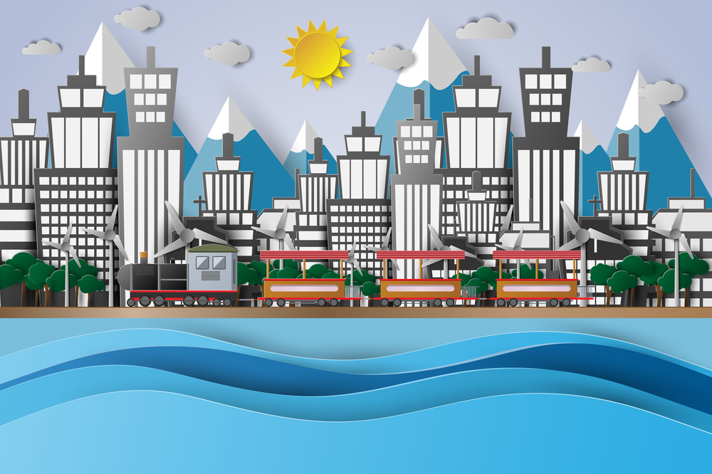 Passenger train with natural background and city buildings, Paper art style, vector illustration