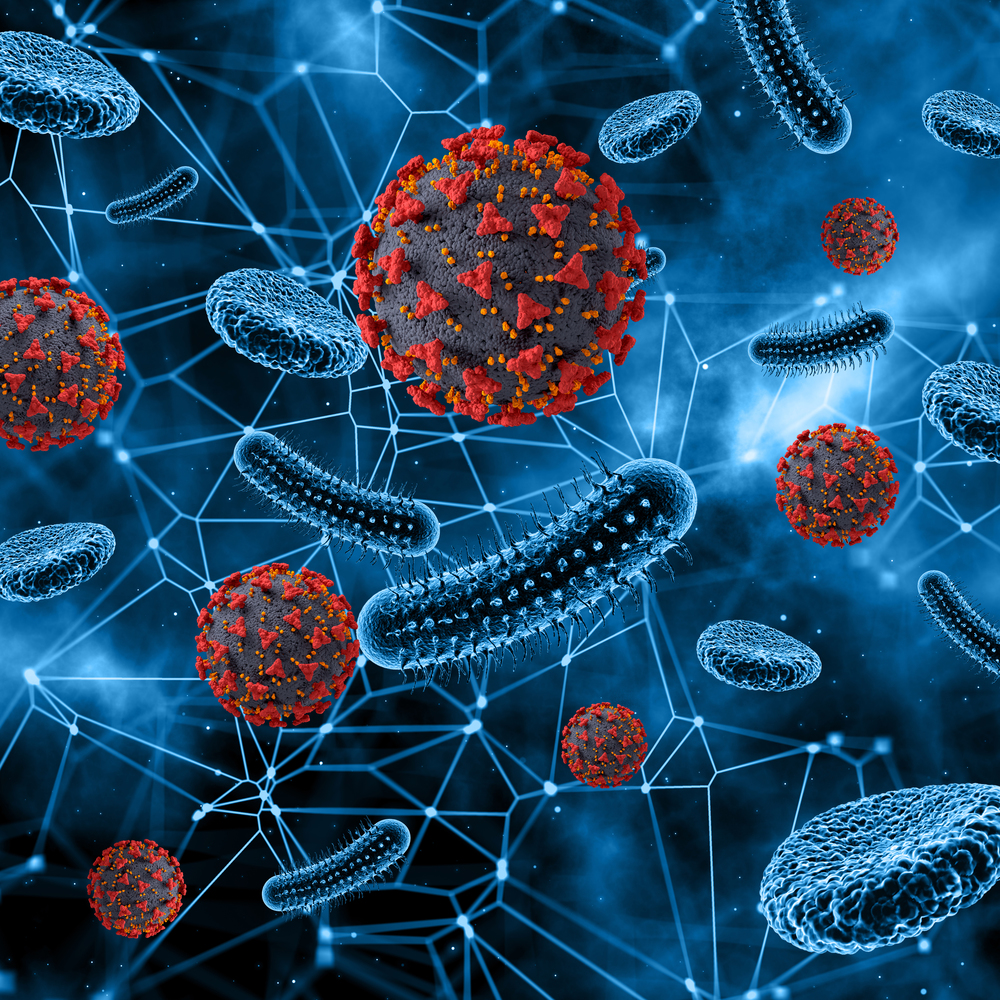 3D render of a medical background with Corona virus cells with bloods cells
