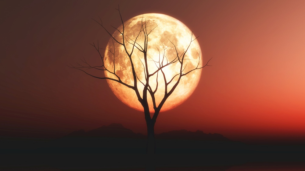 3D render of a landscape with old tree against a red moonlit sky