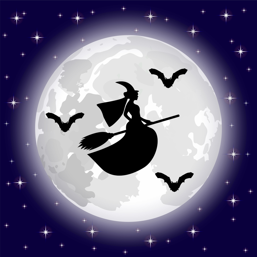 silhouettes of witches and bats on a background of the moon