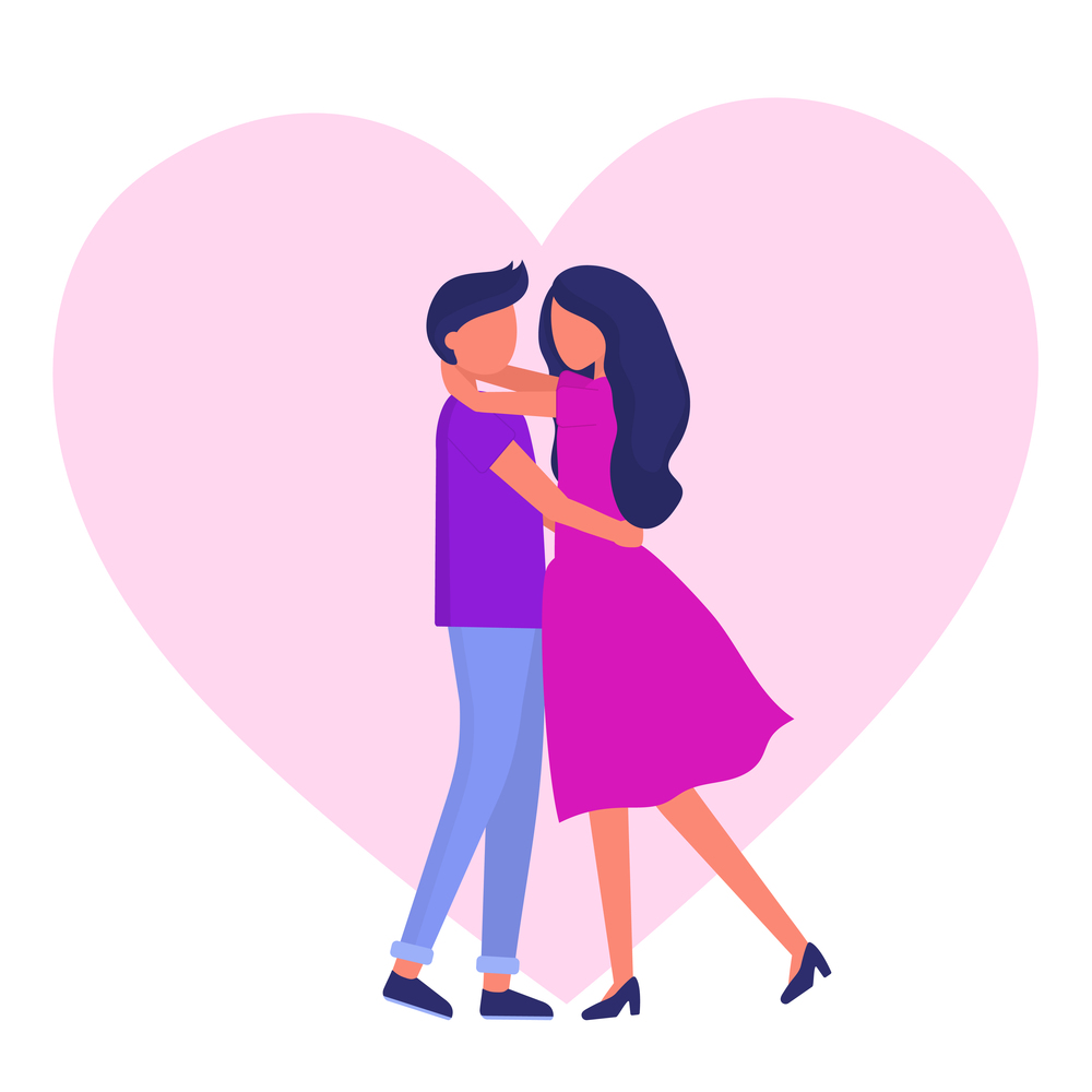 Young couple in love. Man and woman hugging. On background big pink heart. Flat vector illustration.