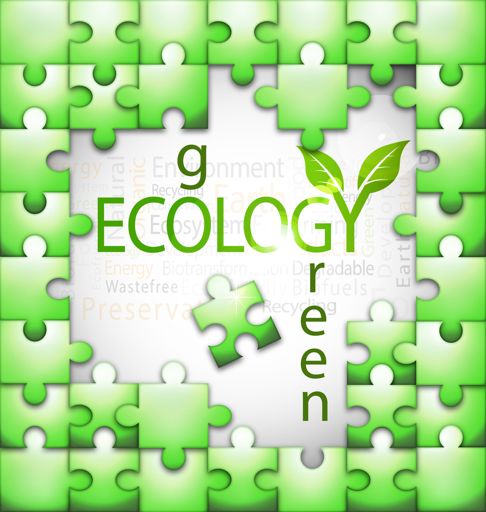 Design of ecology-related tag cloud puzzle vector illustration. Eco Puzzle Background