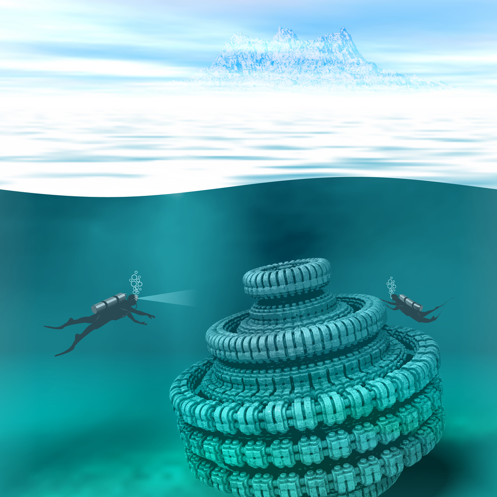 Illustration of underwater scene with divers and submerged spacecraft. Underwater scenery illustration