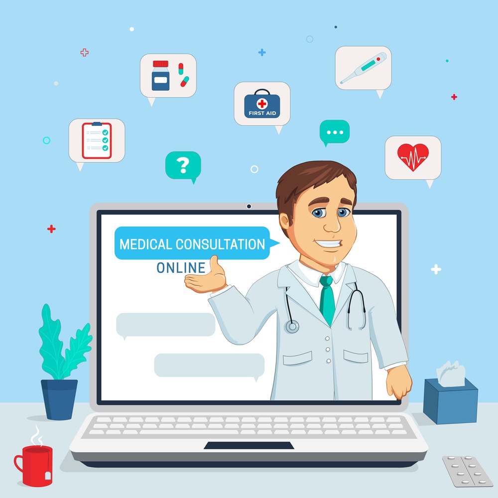 Doctor character with stethoscope on the screen, concept of online diagnostics chat, medical consultation site and app. Notebook, medical icons set background. Vector illustration in flat style.. Online medical consultation and support. Online doctor. Vector illustration.