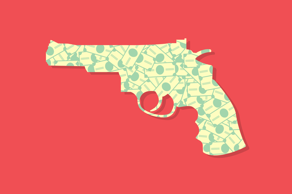 business finance concept, dollar currency money Finance gun revolver ,Financial threat . Vector illustration flat design