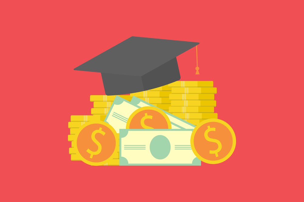Investment in education concept. Graduate&rsquo;s cap on stack money and coin. Concept of saving money for scholarship.Vector illustration flat design