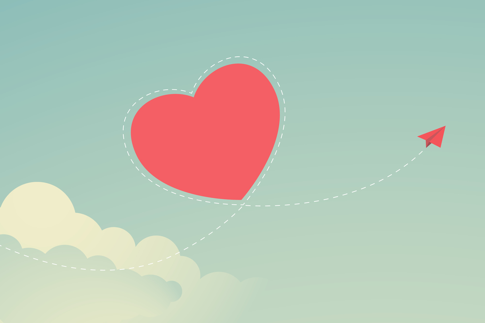 Concept of valentine day  Flat design Red paper plane flying on the sky