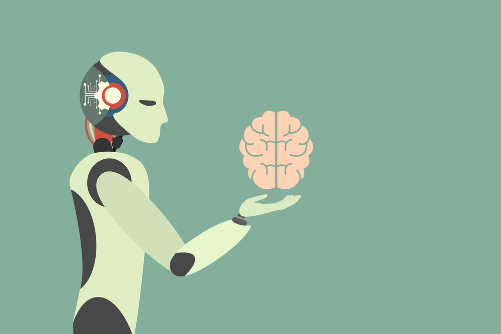 Human brain. Robot holding human brain. robotic  Automation technology Concept . Vector illustration flat design