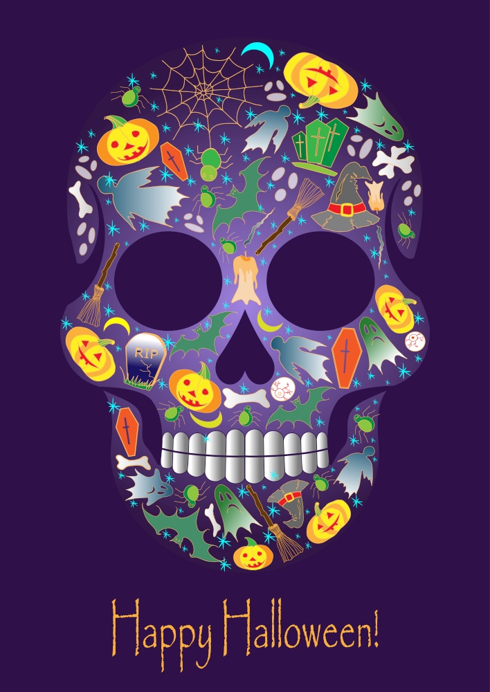 Merry Halloween skull with traditional symbols icons. VHand-drawn doodle elements. Vector. . Merry Halloween skull with traditional symbols icons. Vector.
