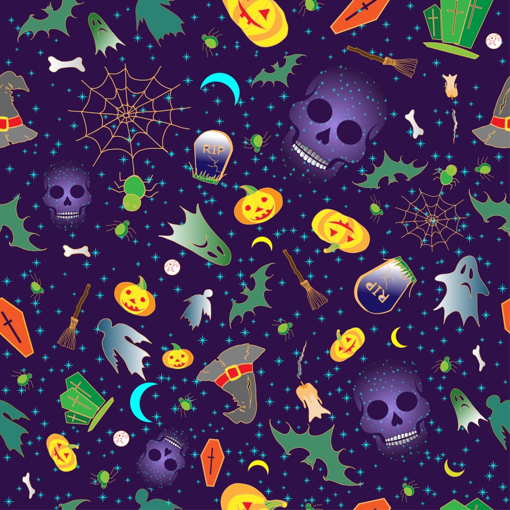 Halloween seamless with traditional symbols icons. Hand-drawn doodle elements. Vector. . Merry Halloween seamless with traditional symbols icons. Vector.