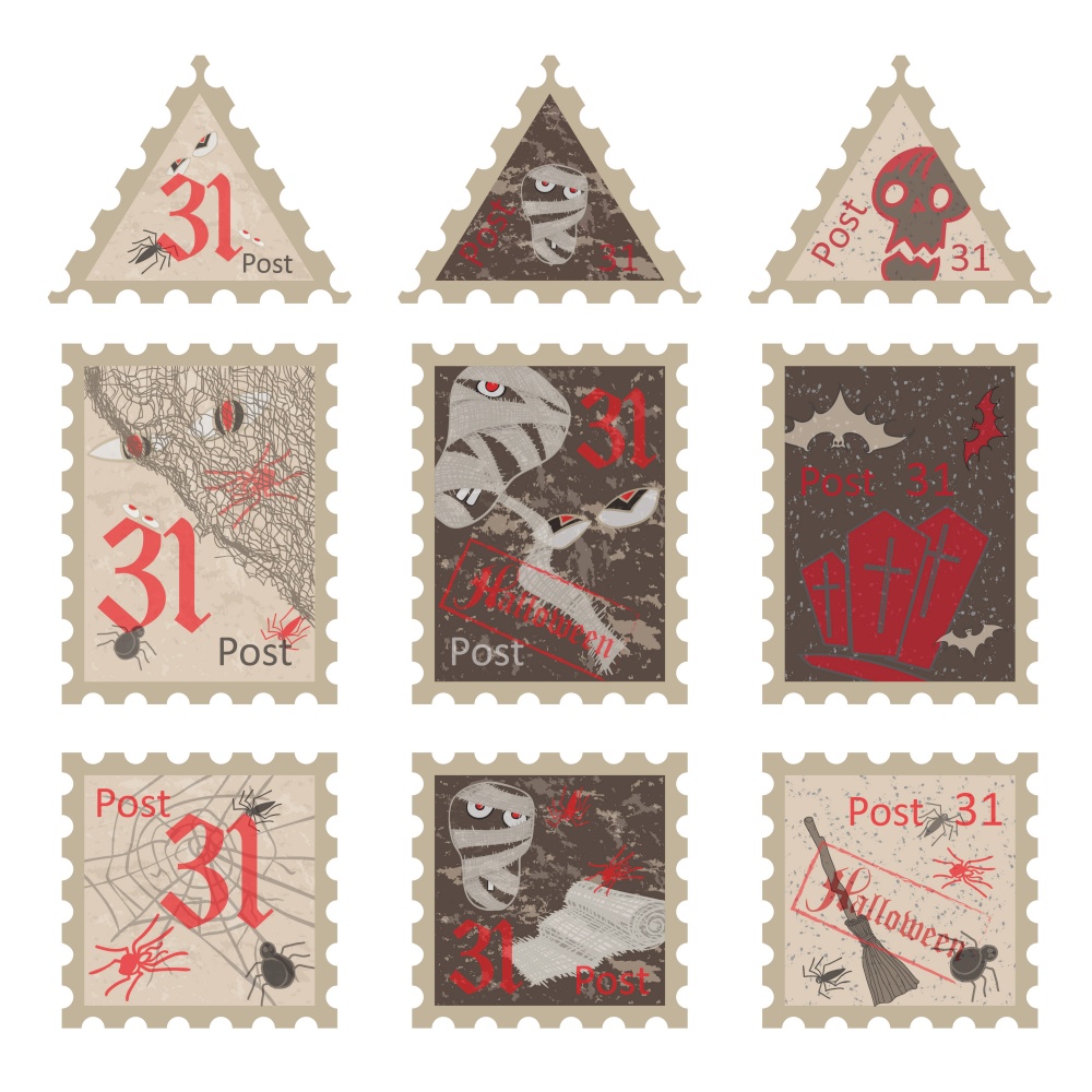 Set of vintage post stamps for Halloween party. Vector illustration.. Set of vintage post stamps for Halloween party