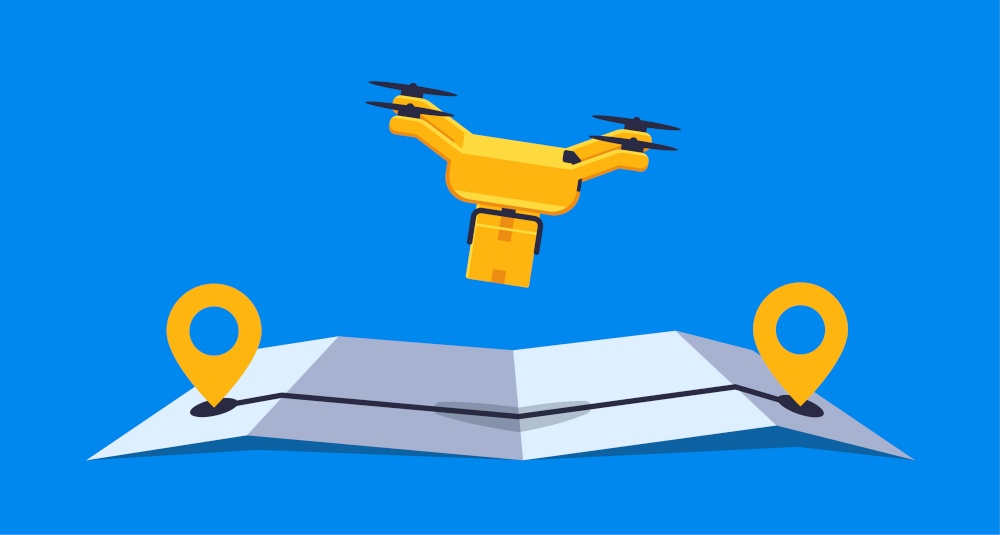 Concept online delivery using air drone with parcel on online gps map vector illustration