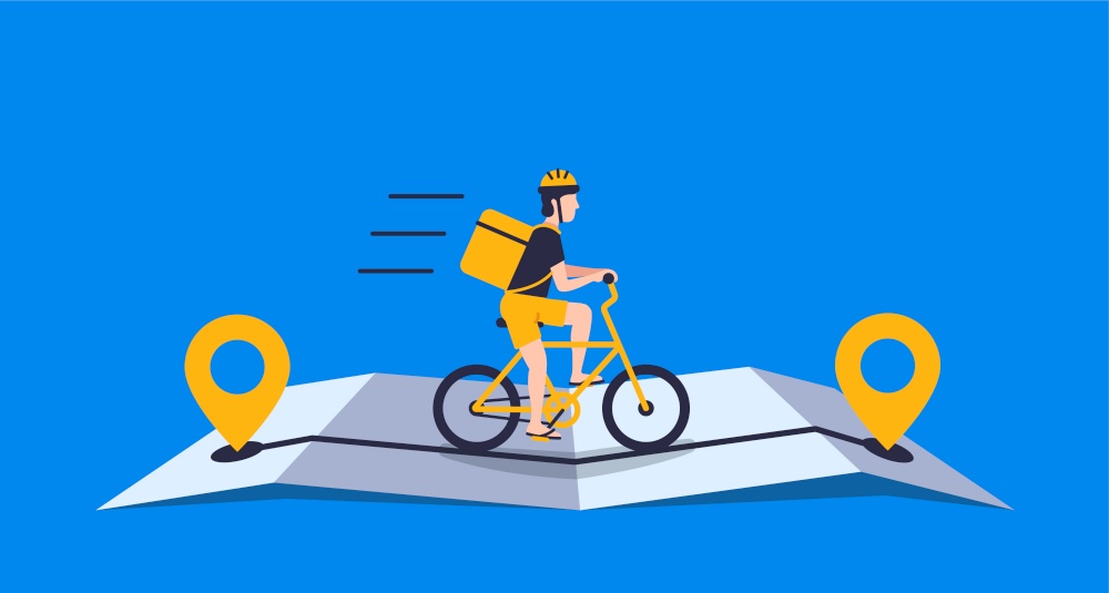 Courier with package using bicycle ride on the online map for delivery concept online delivery