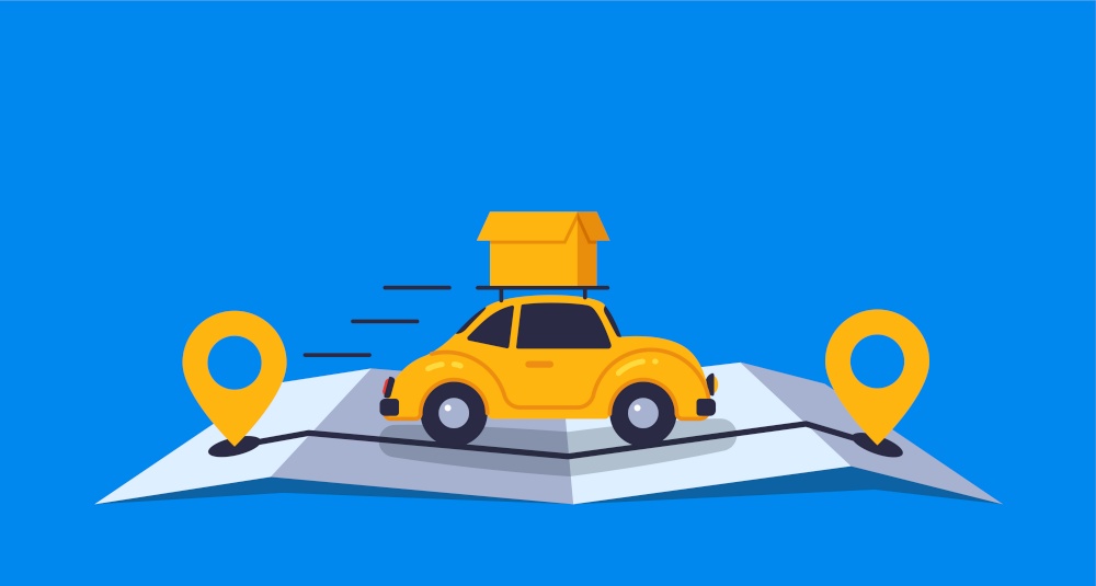 Concept online delivery using retro car with parcel, goes on online gps map vector illustration