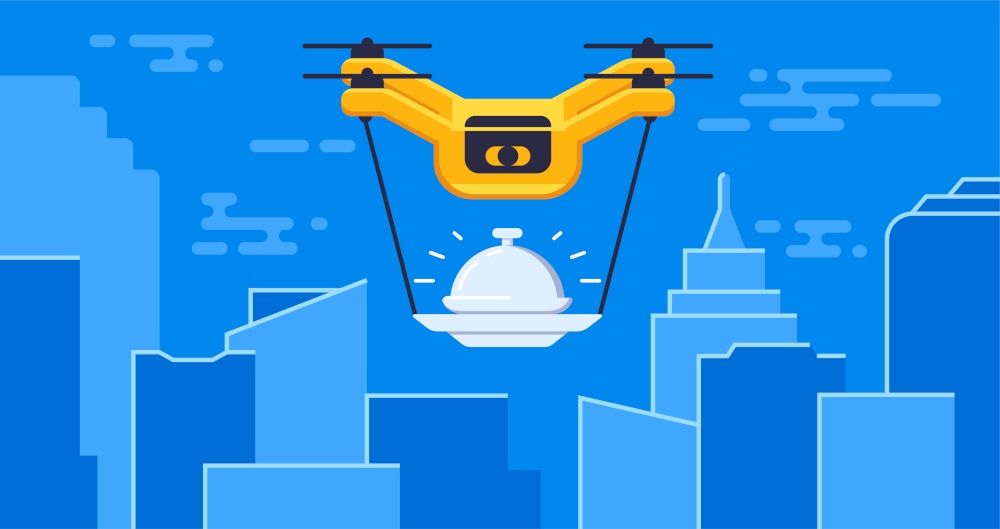 Air drone delivery with food tray flying in urban, between skyscrapers concept vector illustration