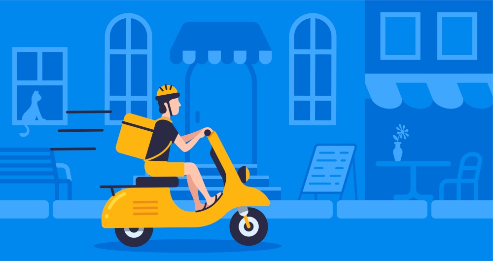 Courier with food bag using retro motorbike on street blue background for delivery, concept online delivery