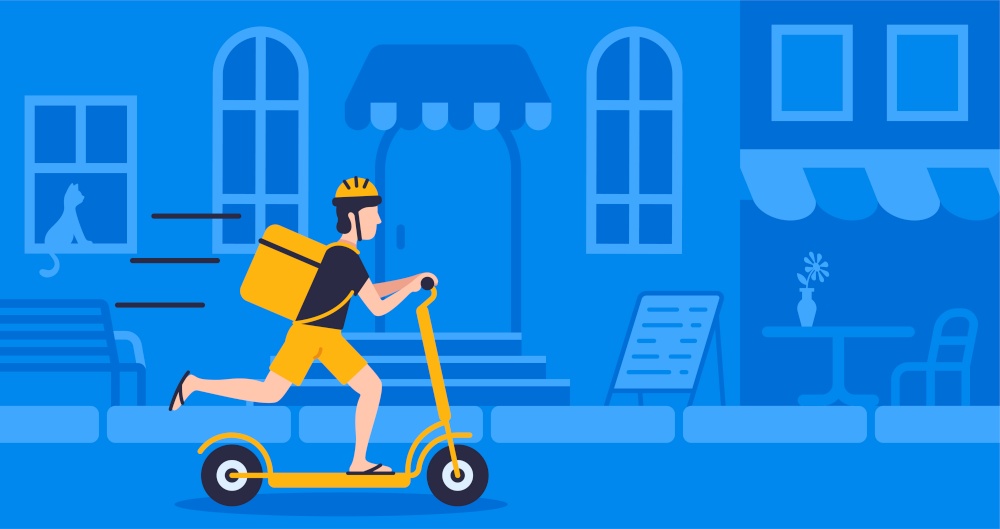 Courier with package using electric scooter on street blue background for delivery concept online delivery
