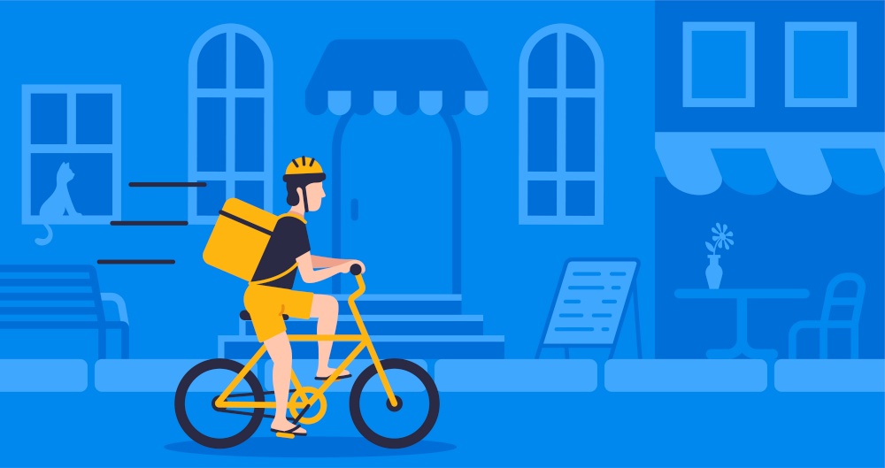 Concept online delivery using bicycle ride with parcel ride on street blue background vector illustration isolated