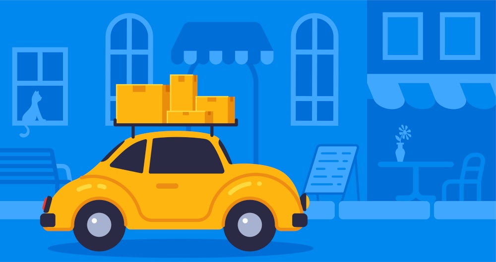 Concept online delivery using retro car with parcel, goes on blue background street vector illustration