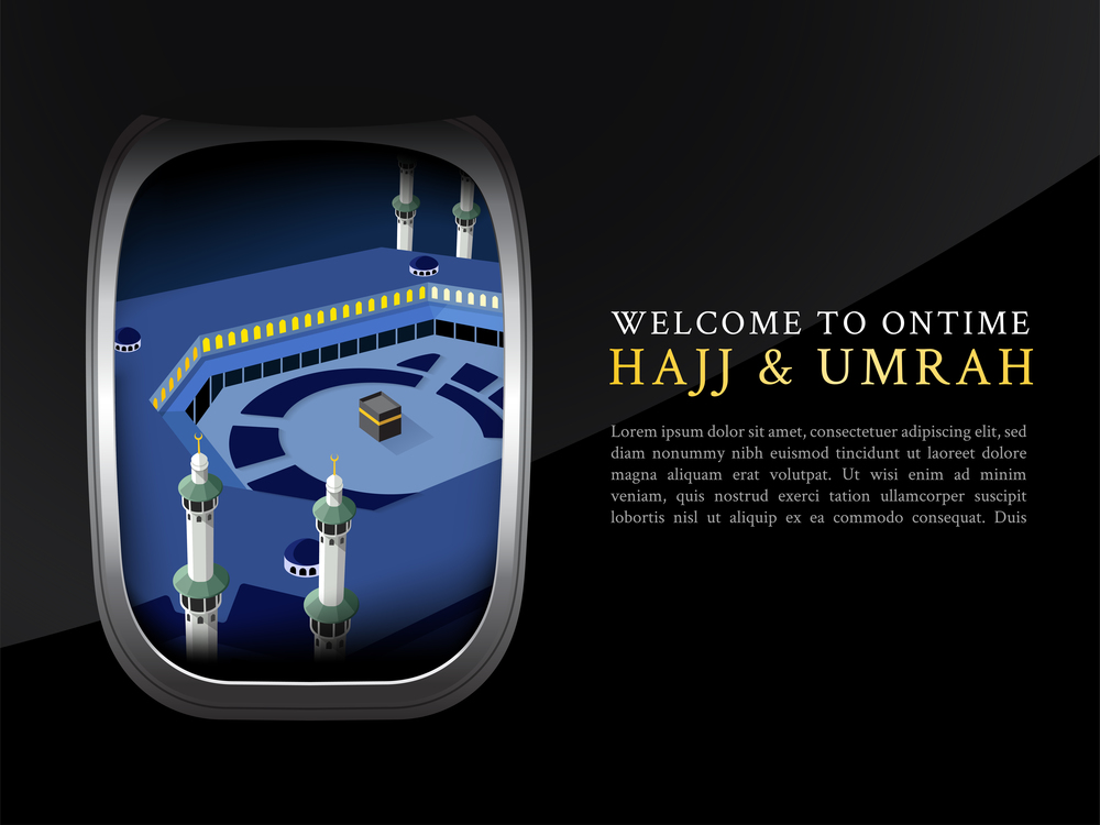 Hajj & Umrah view from Airplane window vector illustrator design for flyer poster template background