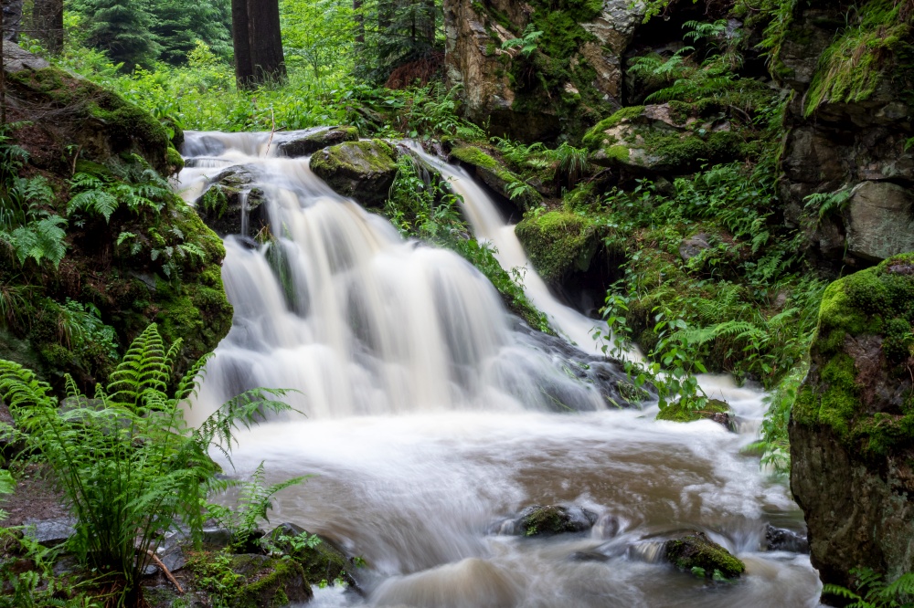 Waterfall, wild river Doubrava in Czech Republic. Valley Doubrava near Chotebor.
