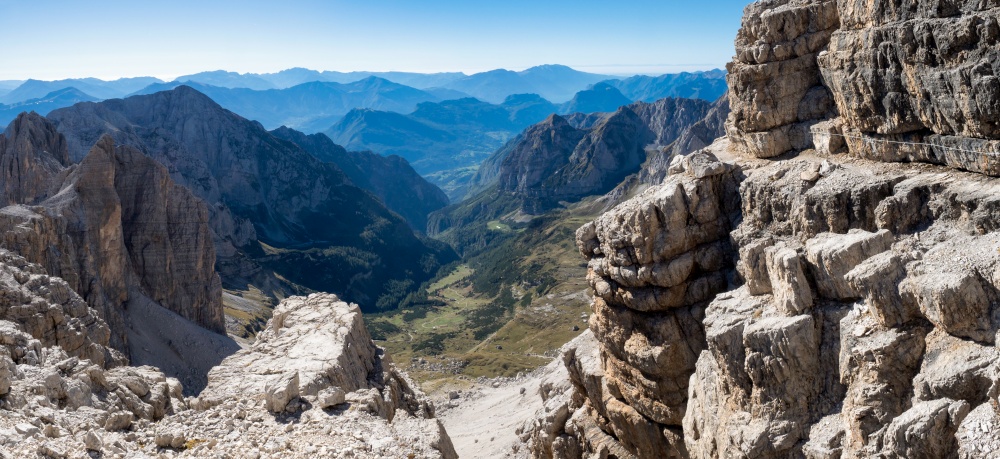 Panoramic view of famous Dolomites mountain peaks, Brenta. Trentino, Italy