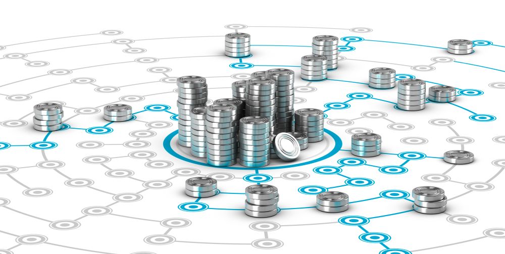 Many symbolic coins on a collaborative network. Conceptual 3D image for illustration of crowdfunding or fund raising.. Collaborative Finance, Crowdfunding