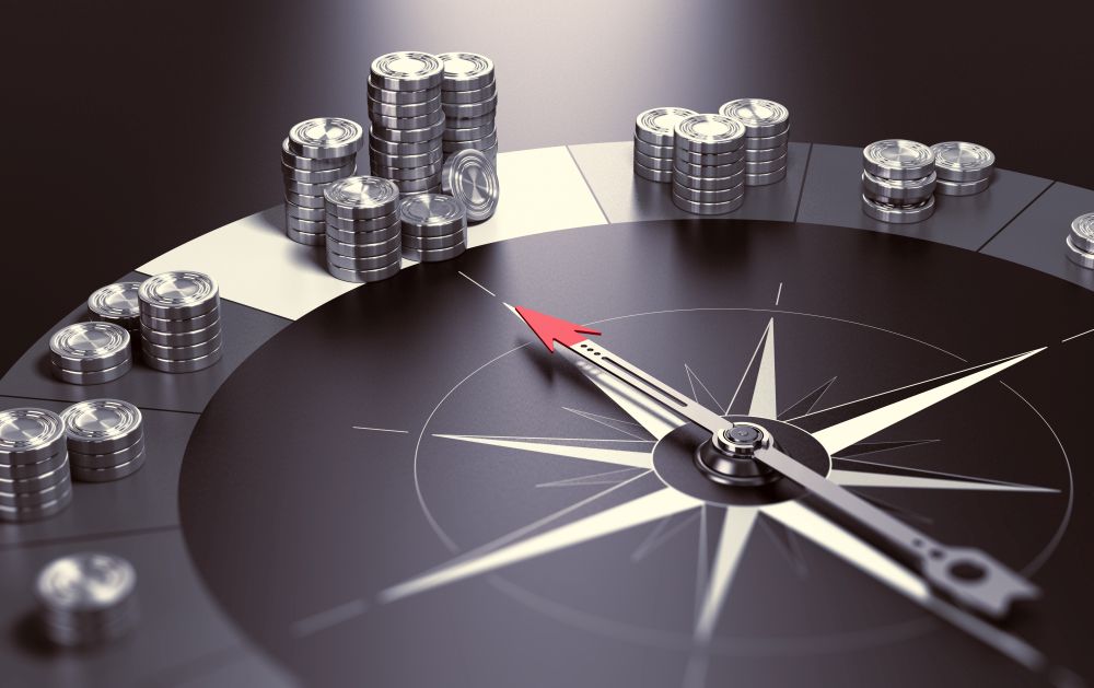 Compass over black background with needle pointing the biggest pile of money, Concept of making profits and good investment advice or wealth management. 3D illustration.. Making Profit, Good Investment