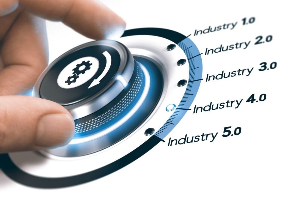 Hand turning a knob with gears icon over white background. Concept of industrial revolutions steps and industry 4.0. Composite image between a photography and a 3D background.. Industry 4.0, Next Industrial Revolution
