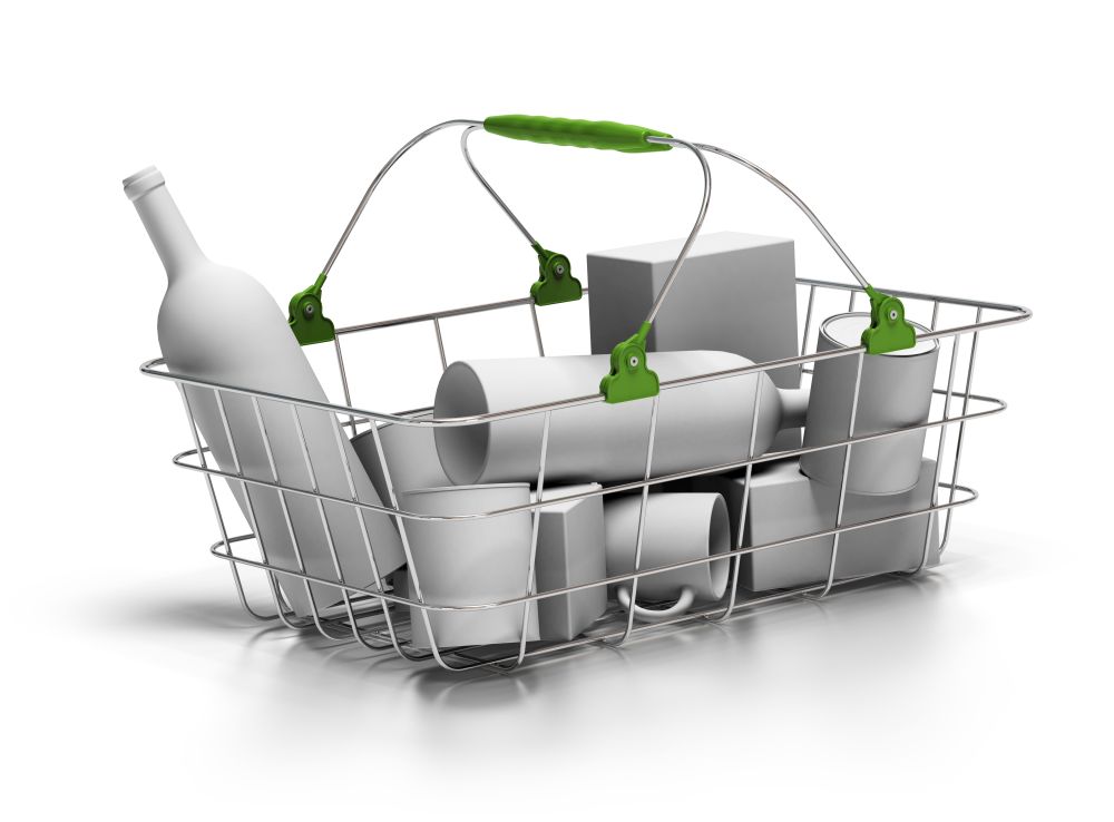 metal basket with white goods inside, 3d render, green plastic parts, white background. average basket over white background