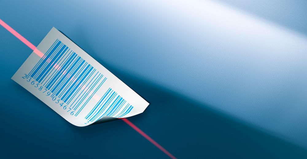 barcodes stickers and laser beam over a dark blue background