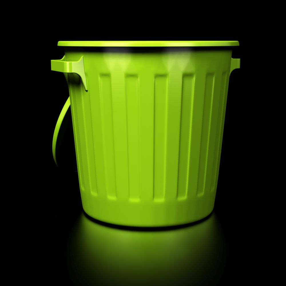 3D render image of a green empty trash bin over black background with reflection. Empty Trash Bin Over Black Background