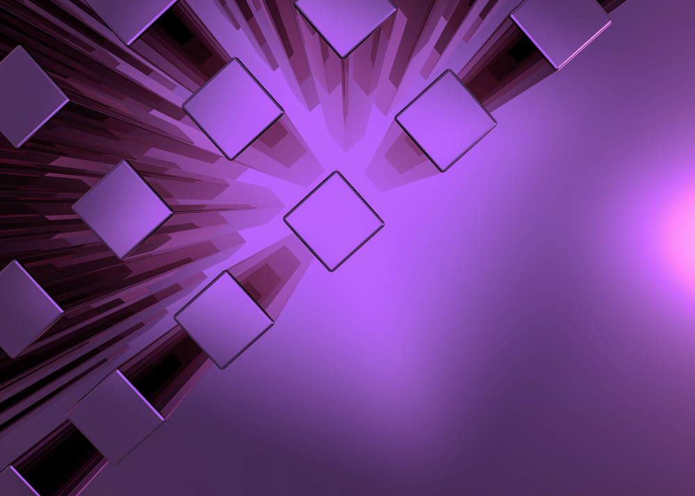 3d rendering. Abstract Purple color lonh cube through from the floor with copy space background.
